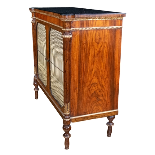 131 - BritishRegencyA rosewood chiffonierWith brass and silk lined front doors and decorative gilt carved ... 