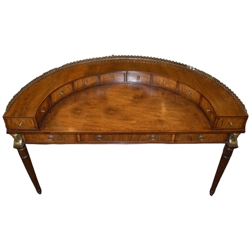 141 - Late 19th centuryCarlton House demi-lune desk, the gallery back with gilt brass gallery, the legs wi... 