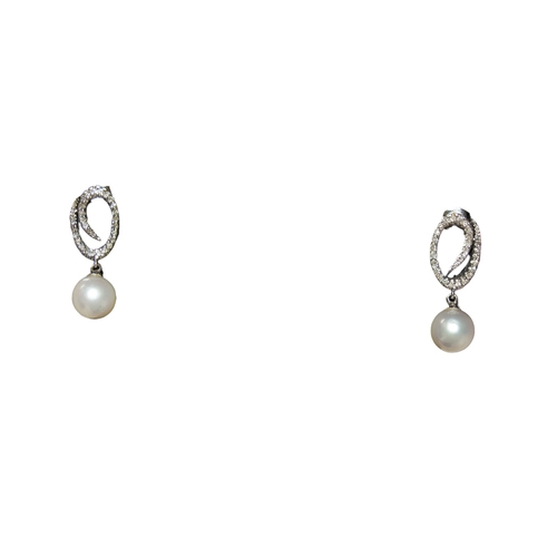 46 - ContemporaryA pair of cultured pearl and diamond pendant earrings.Dimensions: 2.5 cm. (L)... 