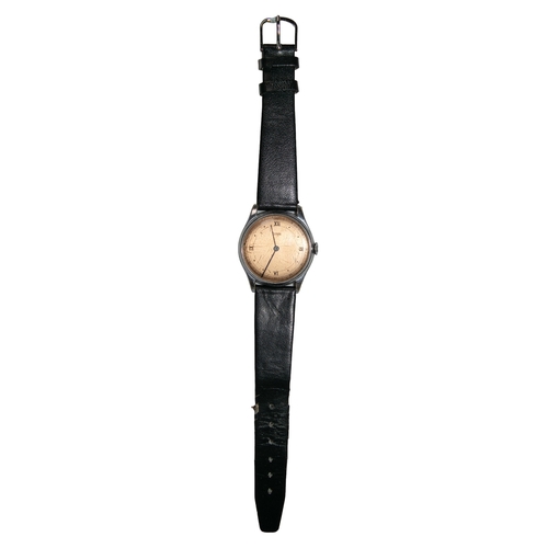 68 - TudorSwissCirca 1930A chrome wristwatchWith a salmon coloured dial and black leather strap(Dial) 3 c... 