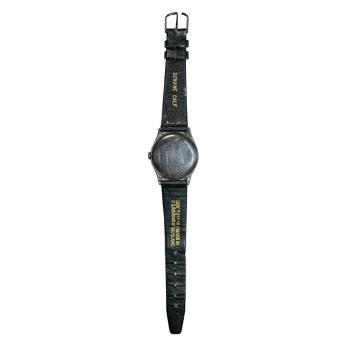 68 - TudorSwissCirca 1930A chrome wristwatchWith a salmon coloured dial and black leather strap(Dial) 3 c... 