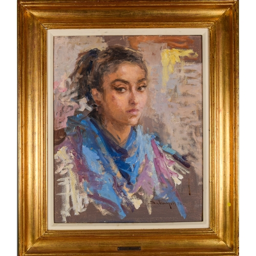 83 - Sabry Ragheb (Egyptian, 1920 - 2000)Woman in a blue shawl, 1984Oil on canvasSigned lower rightFrom t... 