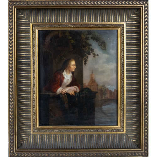 214 - 17th CenturyNetherlandsManner of Gerrit DouA young beauty on a balcony overlooking a canalOil on pan... 