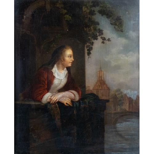 214 - 17th CenturyNetherlandsManner of Gerrit DouA young beauty on a balcony overlooking a canalOil on pan... 