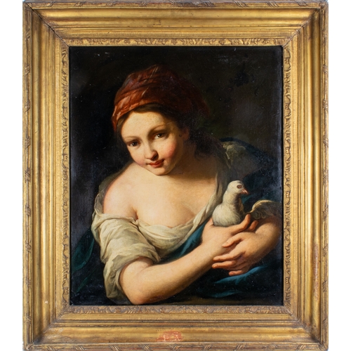 218 - Attributed to Giuseppe Nogari (1699 - 1766)Girl with a doveOil on canvasProvenance:Private Collectio... 