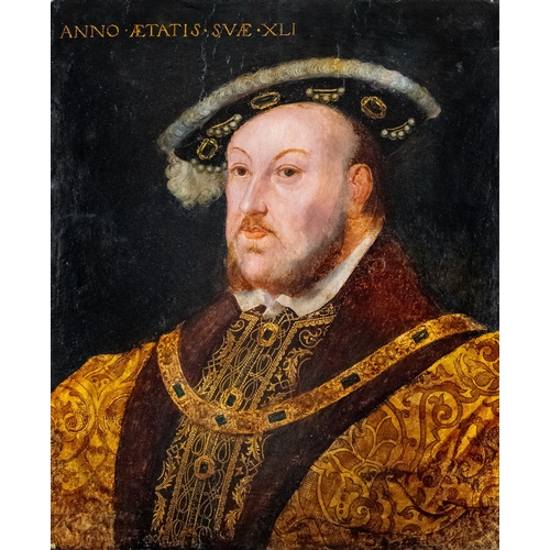 230 - English SchoolCirca 1532Portrait of King Henry VIII (1491 - 1547)Oil on panelInscribed upper left, '... 