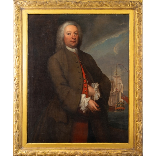 235 - Follower of Thomas Hudson (1701 - 1779)Portrait of a gentleman with a British man-o-war beyond, poss... 