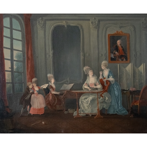 246 - Anglo-Swedish SchoolCirca 1800Family group in a salon interiorOil on canvasDimensions:(Canvas) 26 in... 