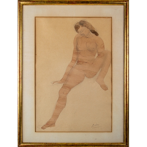 304 - Attributed to Auguste Rodin (1840-1917),NudePencil and ink wash on paperSigned lower rightWith a Mel... 