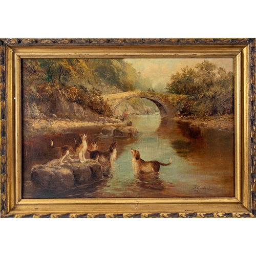 318 - British, 19th centuryA pair of otter hunting scenesOil on canvasSigned 'J. Goddard' and dated '1890'... 