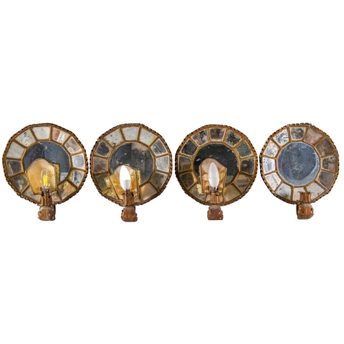 392 - Continental19th CenturyA set of four mirrored giltwood wall lightsDimensions: 10.5 (H) x 10.5 (L) x ... 