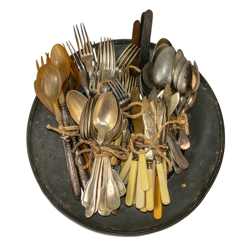 403 - British20th CenturyA group of silver cutlery and pewter dishFrom the Gaia Servadio Collection... 