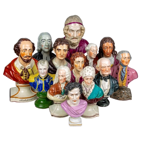 434 - BritishAntiqueA group of thirteen ceramic bustsTo include Shakespeare, Sir Isaac Newton and John Loc... 