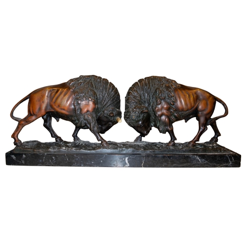 451 - Peder Marius Jensen (Danish, 1883 - 1925)Two bison in battleBronze, mounted to a black marble baseDi... 