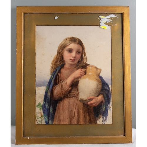 466 - English19th CenturyGirl with PitcherMonogrammed and dated twice, 'PM (?) 1877'Watercolour on paper... 