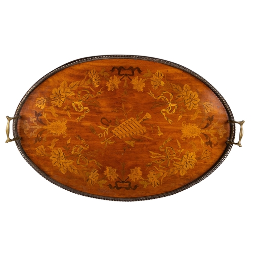 489 - BritishAntiqueA mahogany wall bracket, together with an inlaid marquetry tray with decorative brass ... 