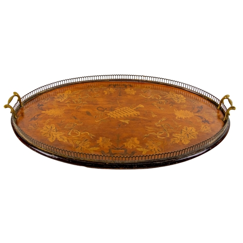 489 - BritishAntiqueA mahogany wall bracket, together with an inlaid marquetry tray with decorative brass ... 