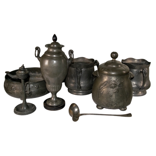 490 - Continental20th CenturyA group of pewter items[a] Two wine coolers by Kayserzinn, marked 4318 for Jo... 