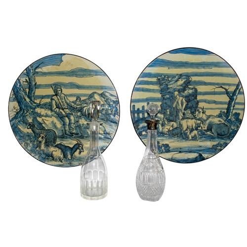 492 - Italian20th Century Two ceramic Molaroni chargers titled 'Shepherds resting'And two cut glass d... 