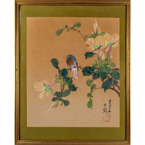 509 - JapaneseAntiqueA set of three silk paintingsEach depicting a bird on a blossom branchEach signedTo b... 