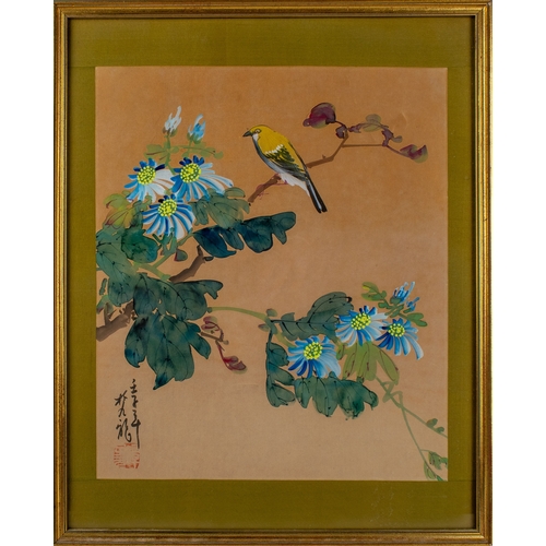 509 - JapaneseAntiqueA set of three silk paintingsEach depicting a bird on a blossom branchEach signedTo b... 