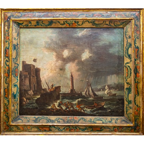 189 - Circle of Vernet18th CenturyA pair of maritime port scenesOil on canvasWithin highly decorated paint... 