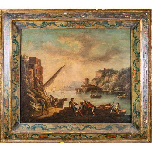 189 - Circle of Vernet18th CenturyA pair of maritime port scenesOil on canvasWithin highly decorated paint... 