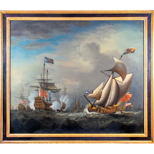 196 - Circle of Willem van de Velde the younger (Dutch, 1633 - 1707)Battle ships at high seaOil on canvasD... 