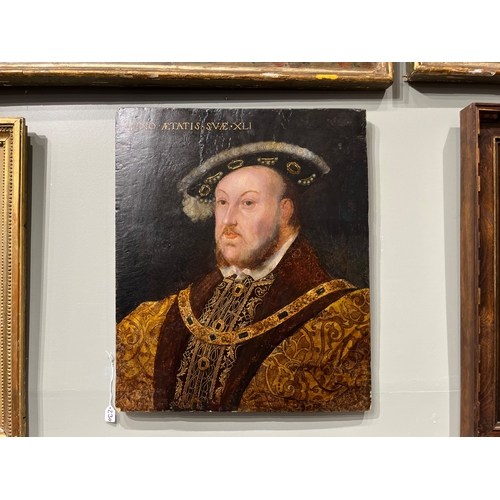 230 - English SchoolCirca 1532Portrait of King Henry VIII (1491 - 1547)Oil on panelInscribed upper left, '... 