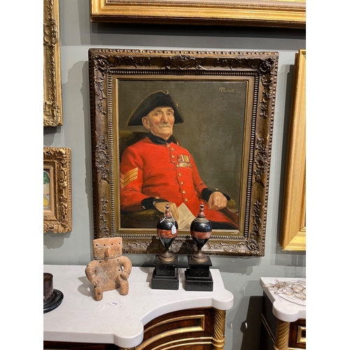 290 - British, 20th centuryA portrait of Sergeant Cook, Chelsea PensionerOil on canvasSigned top right 'M.... 