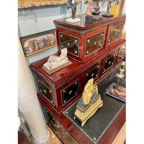 146 - Russianc.1820-40A brass mounted mahogany and ebony desk, with decorative inlaid wood panels with gil... 