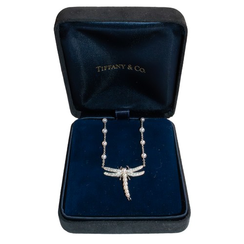 2 - Tiffany & Co.Circa 1996A pretty diamond, platinum, and cultured pearl dragon fly necklaceWith cu... 