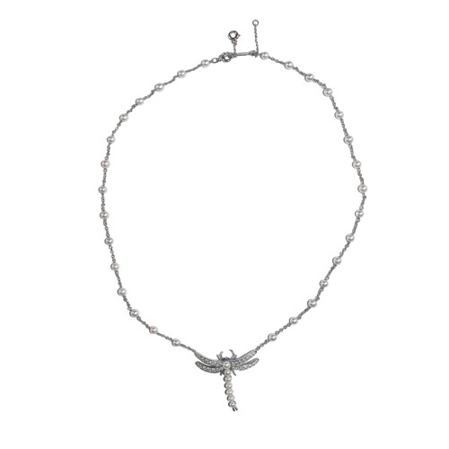 2 - Tiffany & Co.Circa 1996A pretty diamond, platinum, and cultured pearl dragon fly necklaceWith cu... 