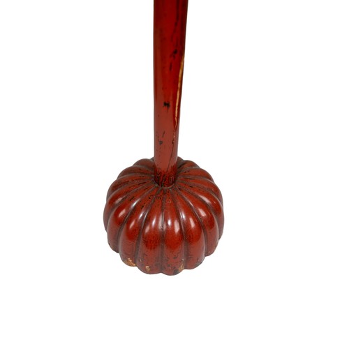 633 - Japanese20th CenturyA pair of red lacquer pricket candlesticksTo be sold without reserveDimensions:2... 