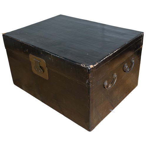 640 - ChineseAntiqueA black lacquer trunkwith two handlesDimensions:20 in. (H) x 35 in. (W) x 26 in. (D)... 