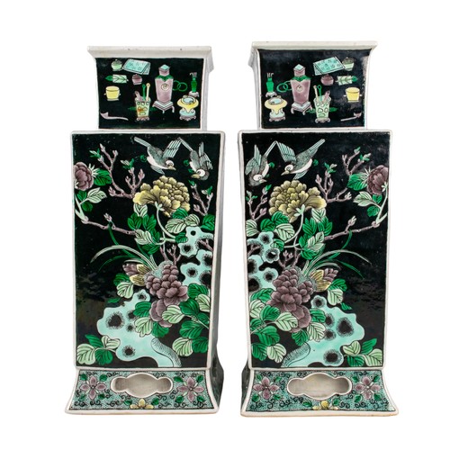 652 - Chinese20th centuryA pair of Famille Noire vasesDimensions:10.5 in. (H) x 4.25 in. (W) x 3.75 in. (D... 