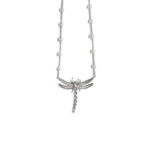 2 - Tiffany & Co.Circa 1996A pretty diamond, platinum, and cultured pearl dragon fly necklaceWith cu... 