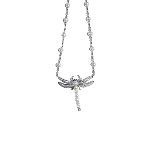 2 - Tiffany & Co.Circa 1996A pretty diamond, platinum, and cultured pearl dragon fly necklaceWith cu... 