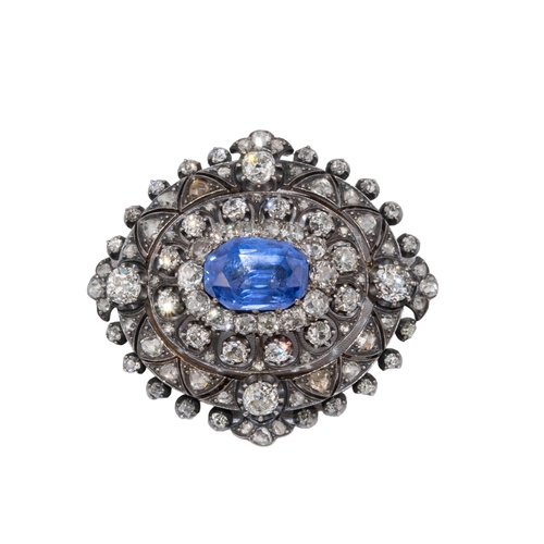 10 - ContinentalCirca 1870An attractive diamond and unheated Ceylon sapphire cluster broochThe central ov... 