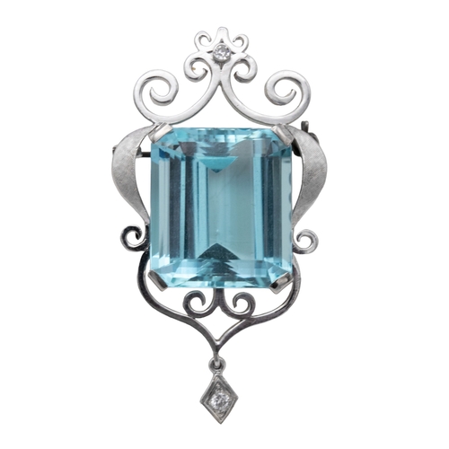 34 - ContinentalCirca 1960A large aquamarine and diamond pendant/broochThe step cut aquamarine of fine co... 