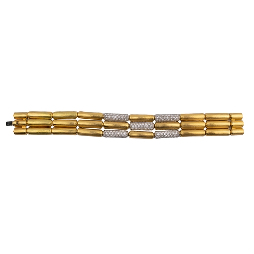 36A - Italian1970sA matching three row satin finished 18 carat gold and pavé set diamond bracelet. ... 