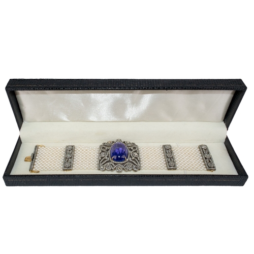 101 - ContinentalContemporaryA Belle Epoque style tanzanite, diamond and cultured pearl braceletThe centra... 