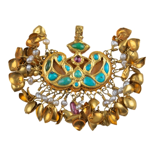 52 - IndianAntiqueA double sided Indian gold, ruby, turquoise and pearl set fringe pendantWeight: Approx.... 