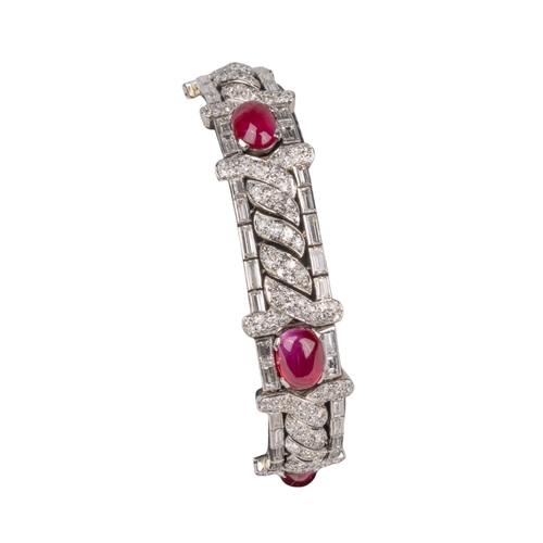 75 - EuropeanCirca 1930A fine unheated Burmese ruby and diamond platinum mounted braceletThe five oval ca... 