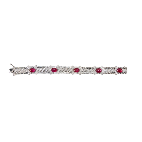 75 - EuropeanCirca 1930A fine unheated Burmese ruby and diamond platinum mounted braceletThe five oval ca... 