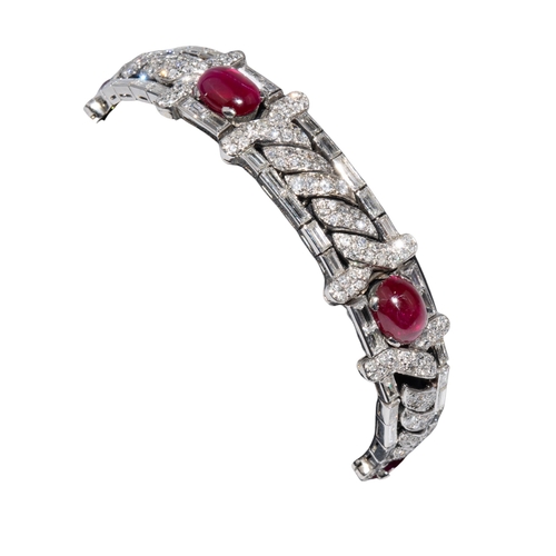 75 - EuropeanCirca 1930A fine unheated Burmese ruby and diamond platinum mounted braceletThe five oval ca... 