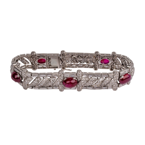 75 - EuropeanCirca 1930A fine unheated Burmese ruby and diamond platinum mounted braceletThe five oval ca... 