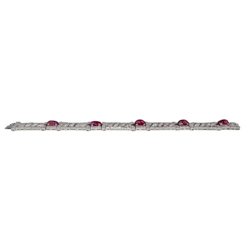 75 - EuropeanCirca 1930A fine unheated Burmese ruby and diamond platinum mounted braceletThe five oval ca... 