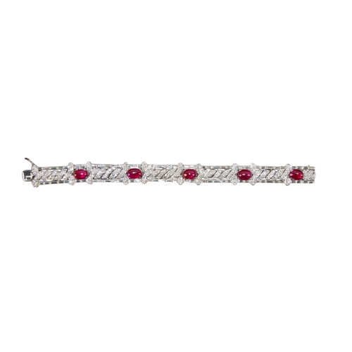 75 - EuropeanCirca 1930A fine unheated Burmese ruby and diamond platinum mounted braceletThe five oval ca... 