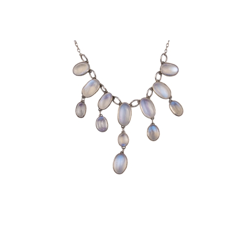 98 - BritishCirca 1910Two moonstone and silver necklaces[a] A graduated fringe moonstone and silver neckl... 